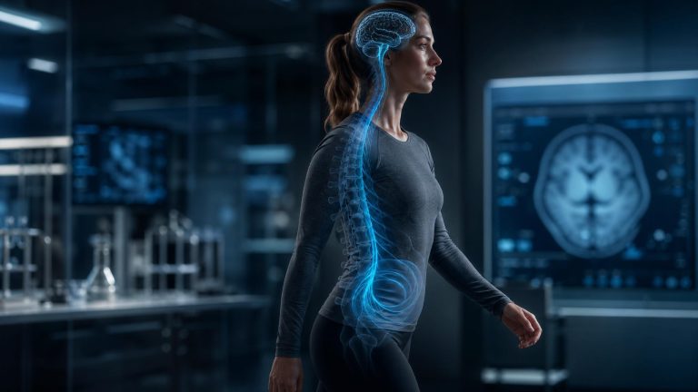 Photorealistic medical image showing core movement and blue cerebrospinal fluid pathways from the abdomen and spine toward the brain