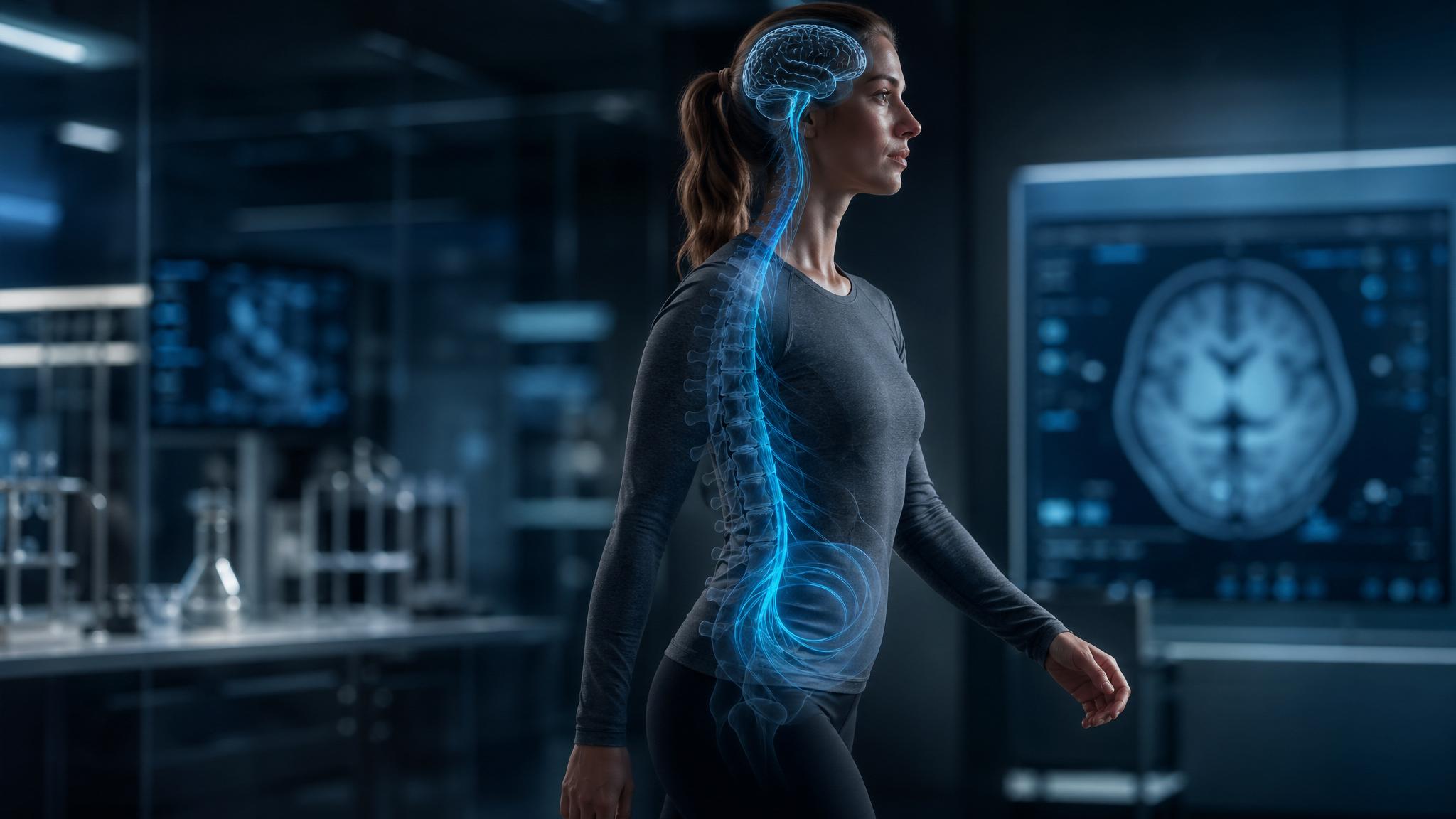 Photorealistic medical image showing core movement and blue cerebrospinal fluid pathways from the abdomen and spine toward the brain