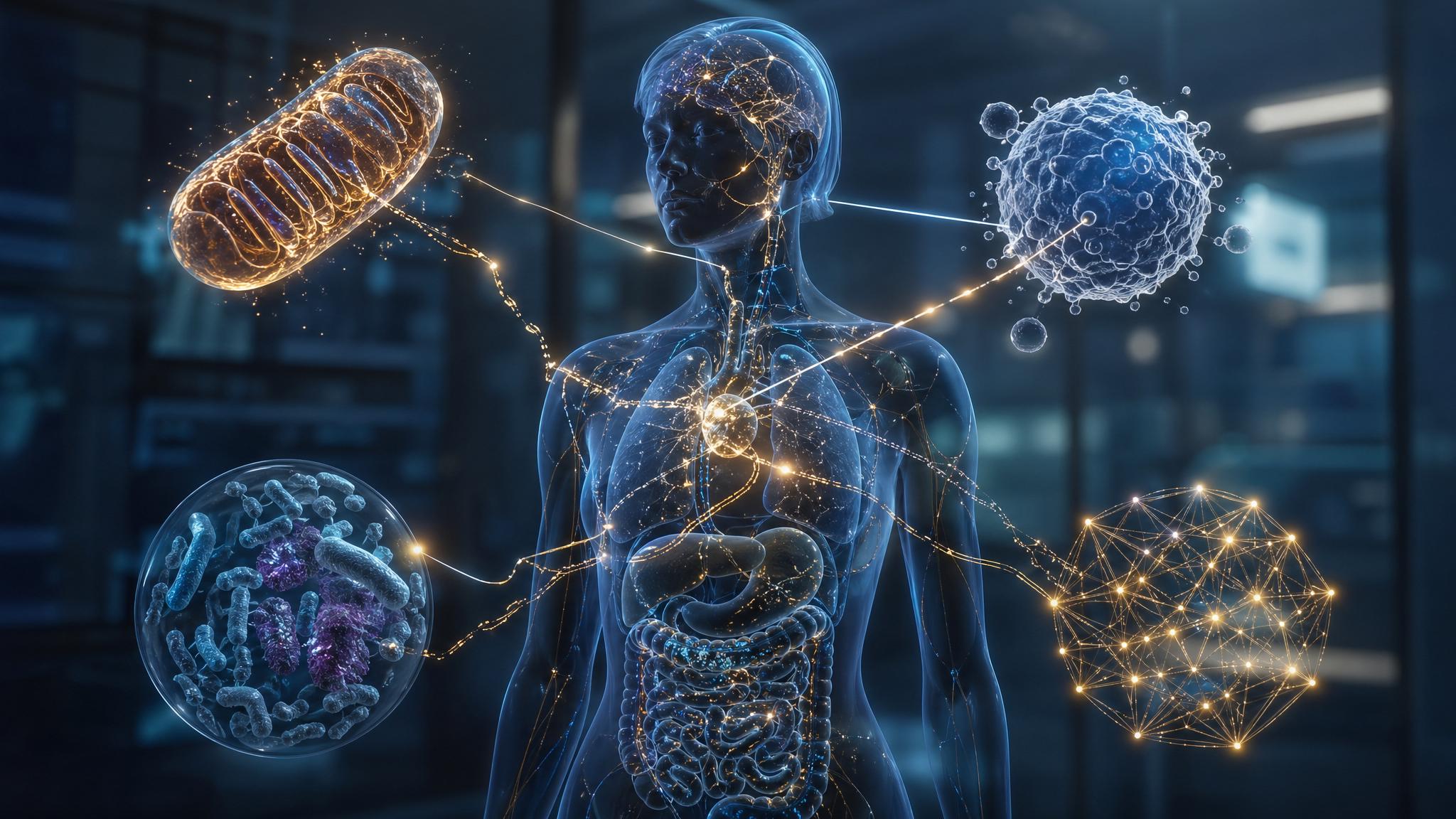 Healthcare Discovery longevity science image showing aging as biological communication failure between mitochondria, microbiome, immunity, and metabolism