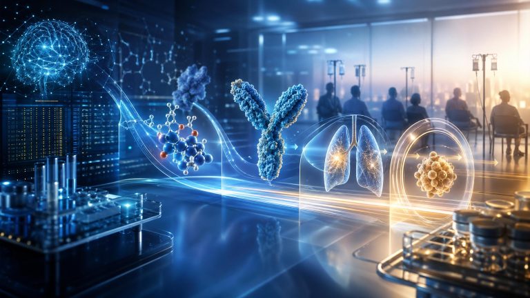AI drug discovery pipeline entering decisive 2026 clinical trials with molecular design and clinical validation imagery