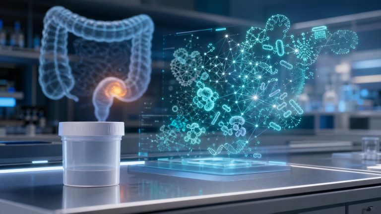 Healthcare Discovery AI stool test for colorectal cancer screening showing gut microbiome diagnostics and machine learning