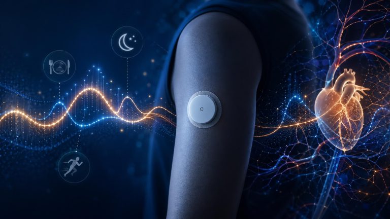 Continuous glucose monitor surrounded by metabolic health signals for glucose, sleep, meals, and movement