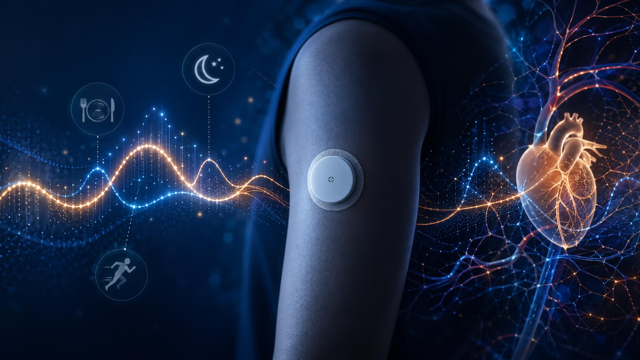 Continuous glucose monitor surrounded by metabolic health signals for glucose, sleep, meals, and movement