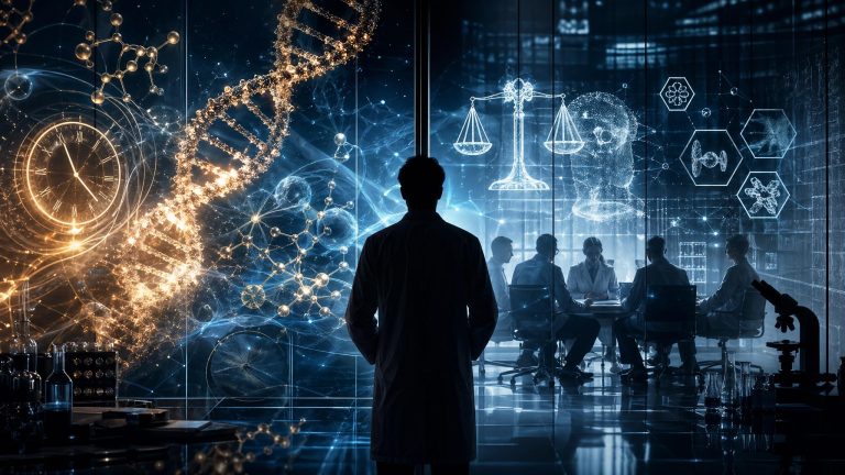Anonymous longevity scientist framed by aging biology pathways and evidence review