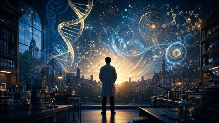 Anonymous researcher facing a frontier of aging biology, NAD+ pathways, and epigenetic clocks