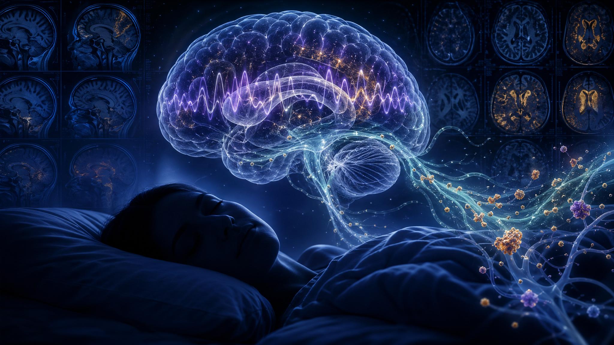 Deep sleep brain scan showing sleep spindles and glymphatic clearance protecting cognitive longevity