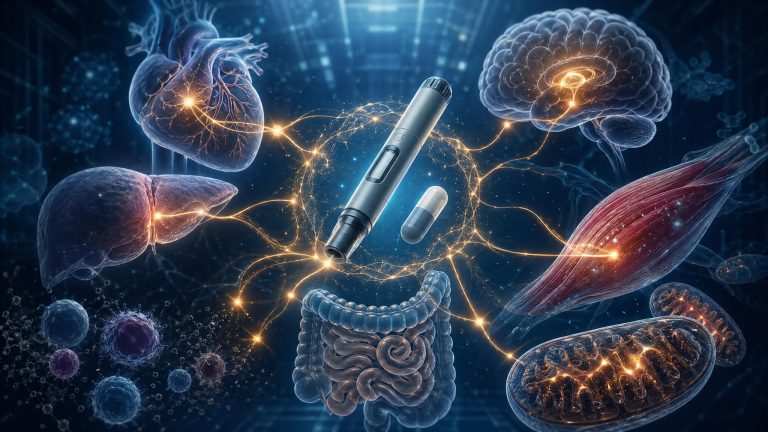 Healthcare Discovery GLP-1 drugs longevity medicine science 2026 showing metabolic signals across brain heart liver gut and muscle