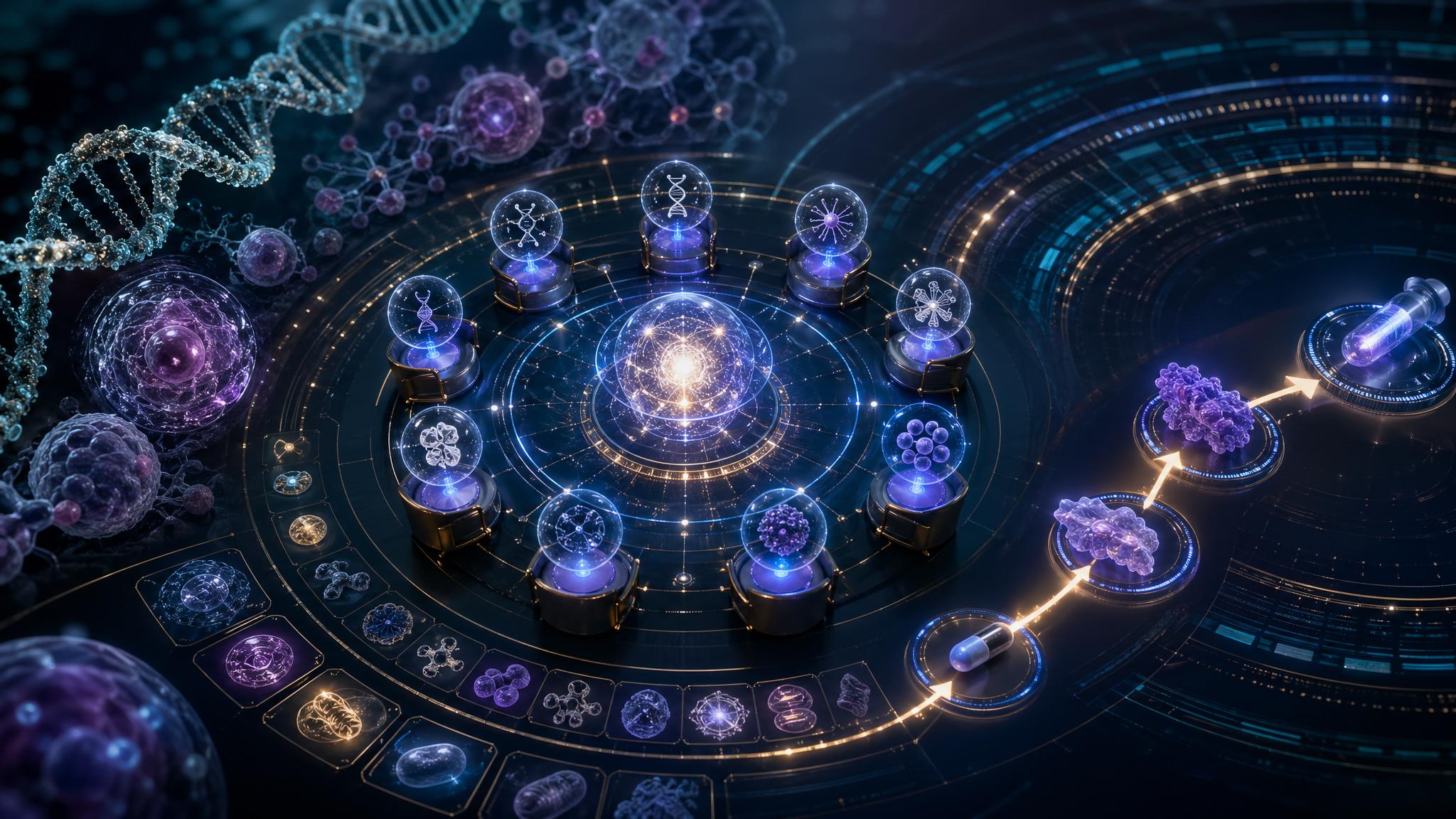 AI longevity board concept showing drug discovery pathways and hallmarks of aging biomarkers