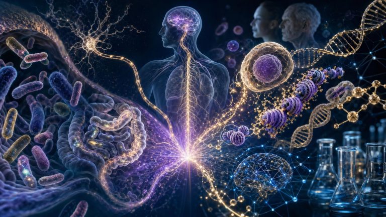 Healthcare Discovery longevity breakthroughs 2026 showing gut bacteria epigenetic reprogramming and AI converging