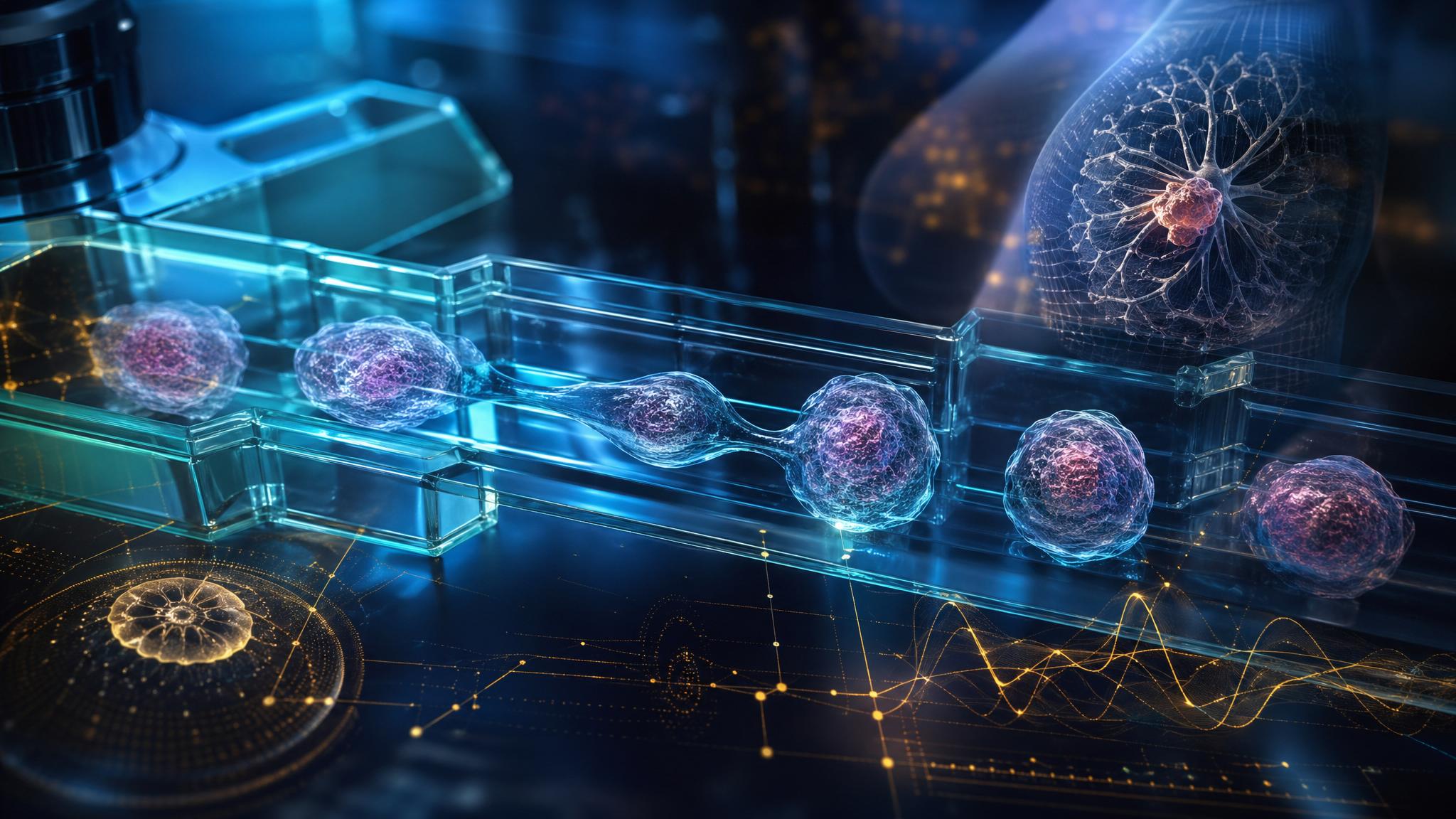 Healthcare Discovery MechanoAge breast cancer AI mechanical age risk showing cells measured in a microfluidic diagnostic platform