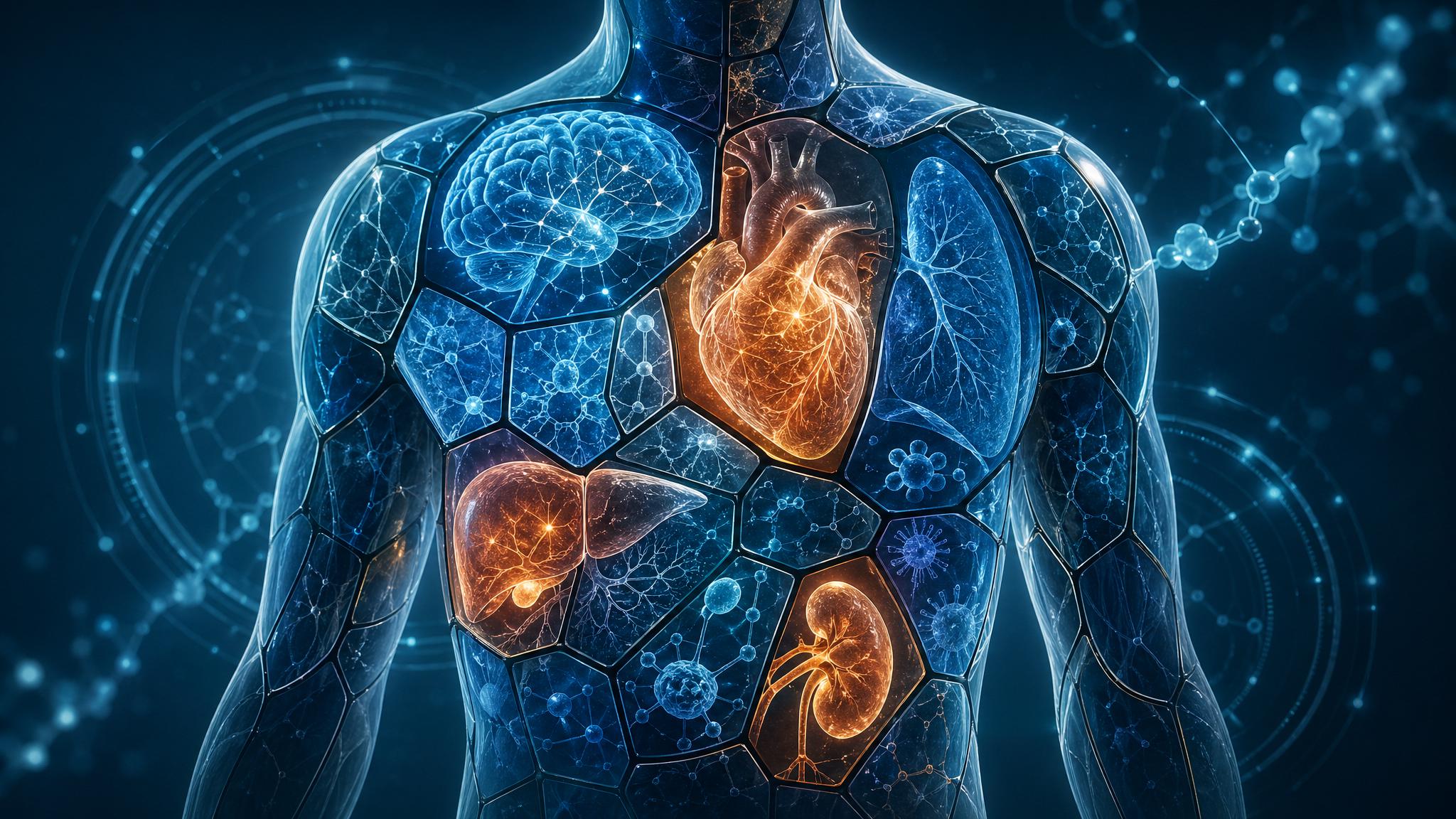 Mosaic human body showing organs aging at different rates through organ-specific biological clocks