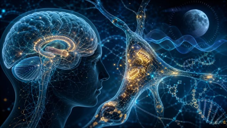 Healthcare Discovery NAD+ brain aging sleep neurodegeneration research 2026 showing cellular fuel powering neurons and mitochondria