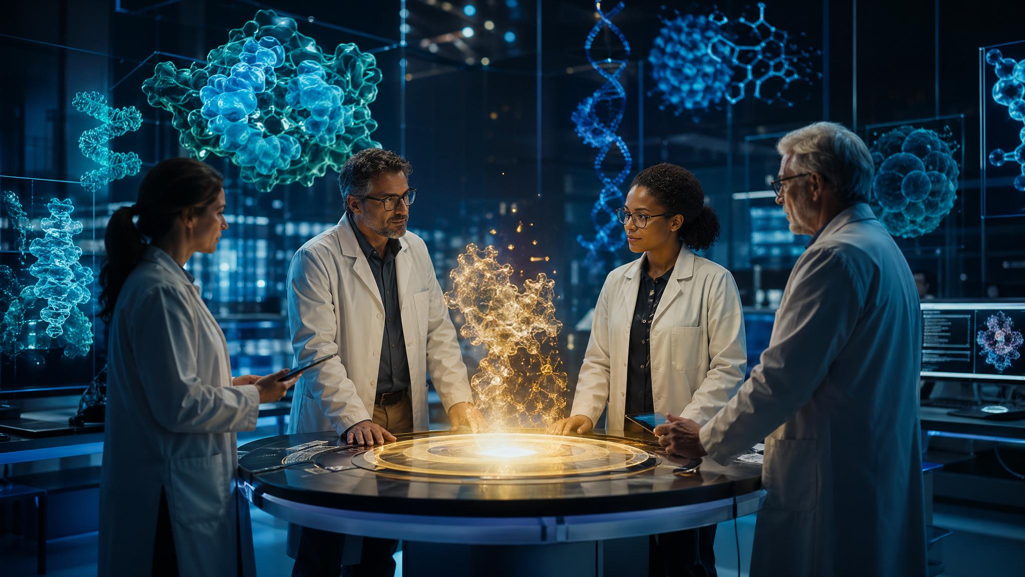 Healthcare Discovery Nobel ensemble Isomorphic Labs drug discovery showing AI protein design and world-class scientists collaborating