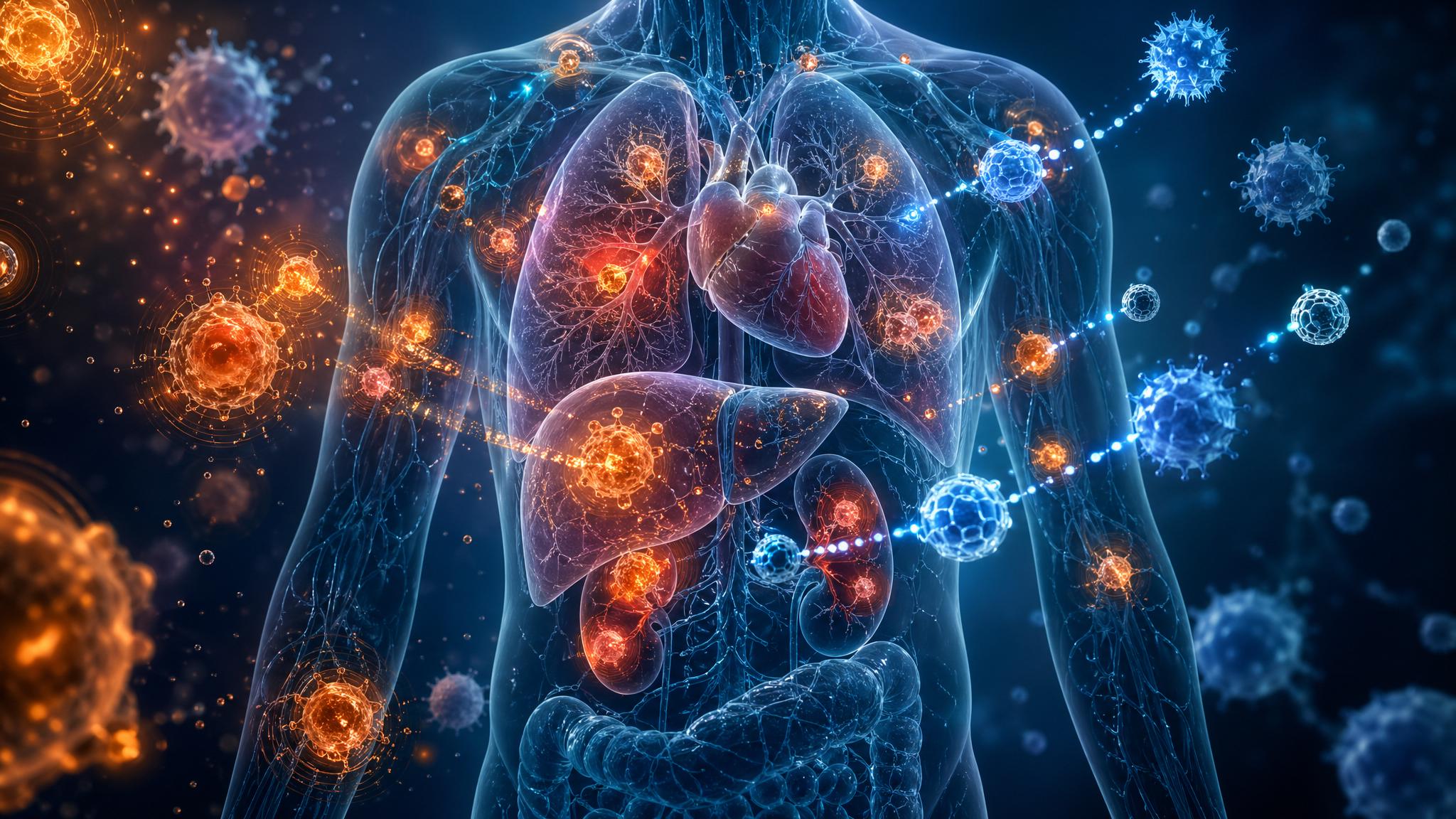 Senescent zombie cells spreading inflammatory signals while senolytics and CAR-T therapies begin clearing aging tissue