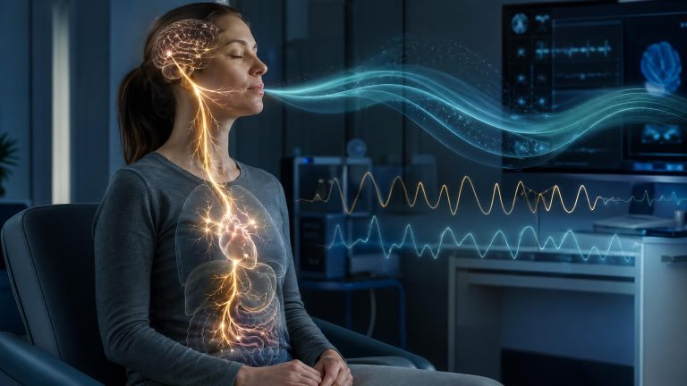 Healthcare Discovery slow breathing vagal tone HRV clinical research 2025 showing five-minute exhale practice rewiring autonomic balance