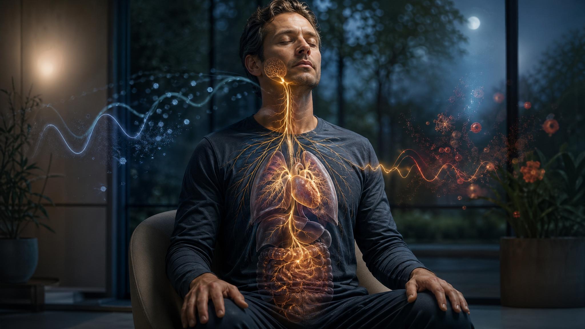 Healthcare Discovery slow breathing vagus nerve HRV cortisol healthspan showing extended exhale lowering stress biology