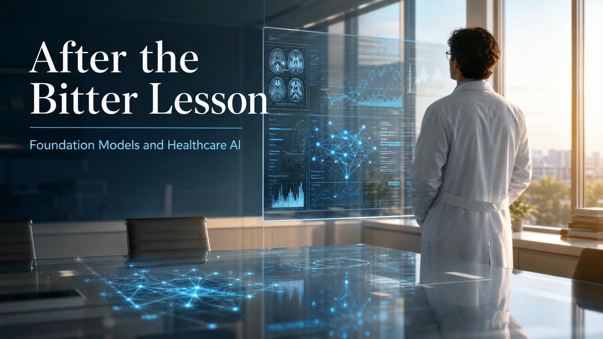 Title card for After the Bitter Lesson showing a photorealistic healthcare AI strategy scene with clinical data and foundation model imagery.