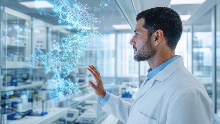 Scientist reviewing molecular data on a glass display in a modern pharmaceutical research lab