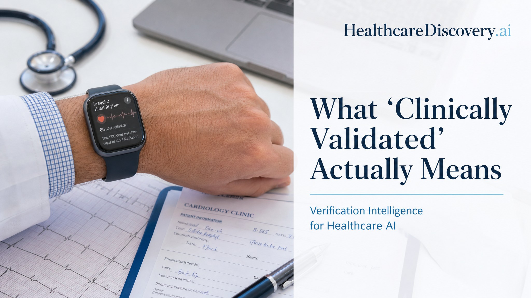 Title card reading What Clinically Validated Actually Means with a smartwatch, ECG strip, and clinical validation materials.