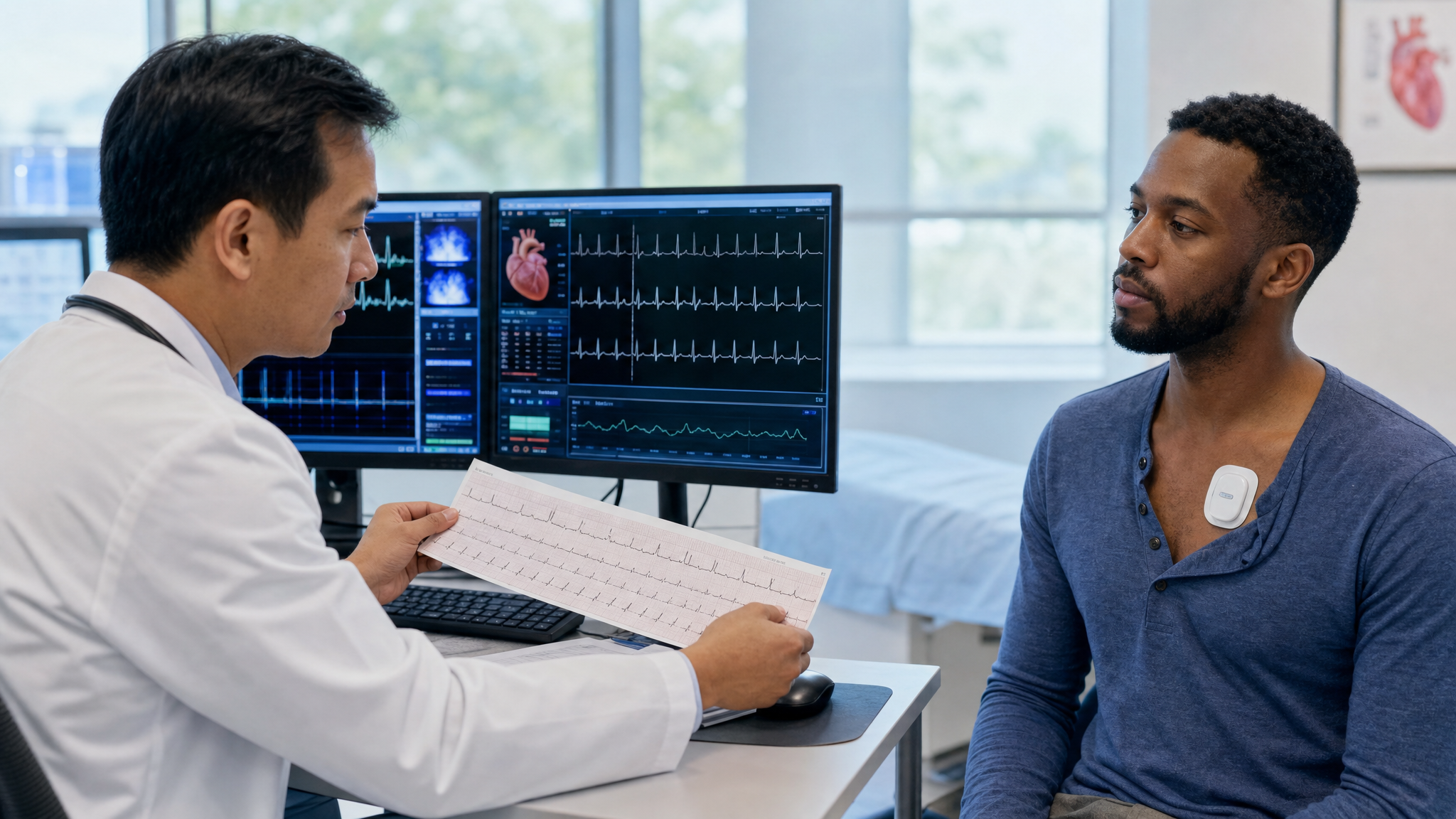 Cardiologist reviewing ECG and remote heart monitoring data with a patient wearing a cardiac patch monitor