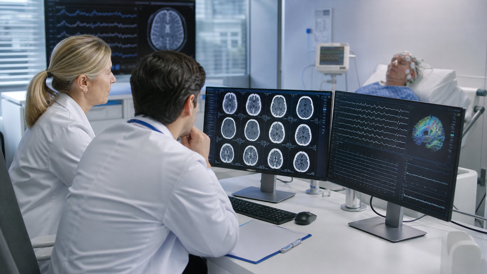 Clinicians reviewing brain imaging and EEG-style monitoring data in a modern neurology unit