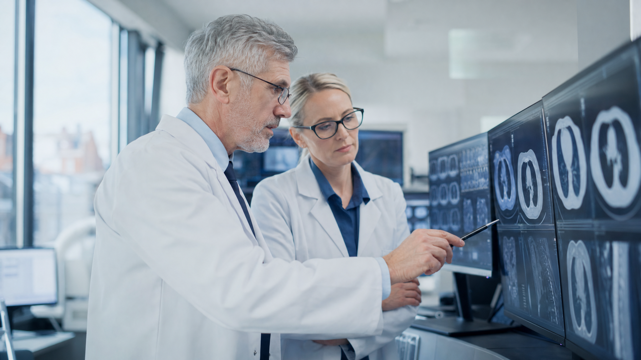 Radiologists reviewing medical imaging scans in a modern clinical reading room for an article about FDA AI in radiology