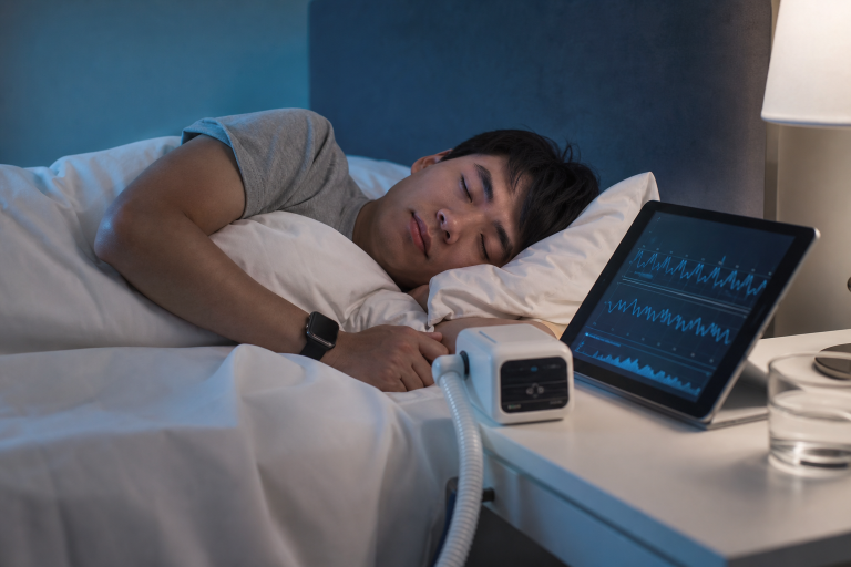A person asleep in a modern bedroom with a wearable and bedside respiratory monitoring device