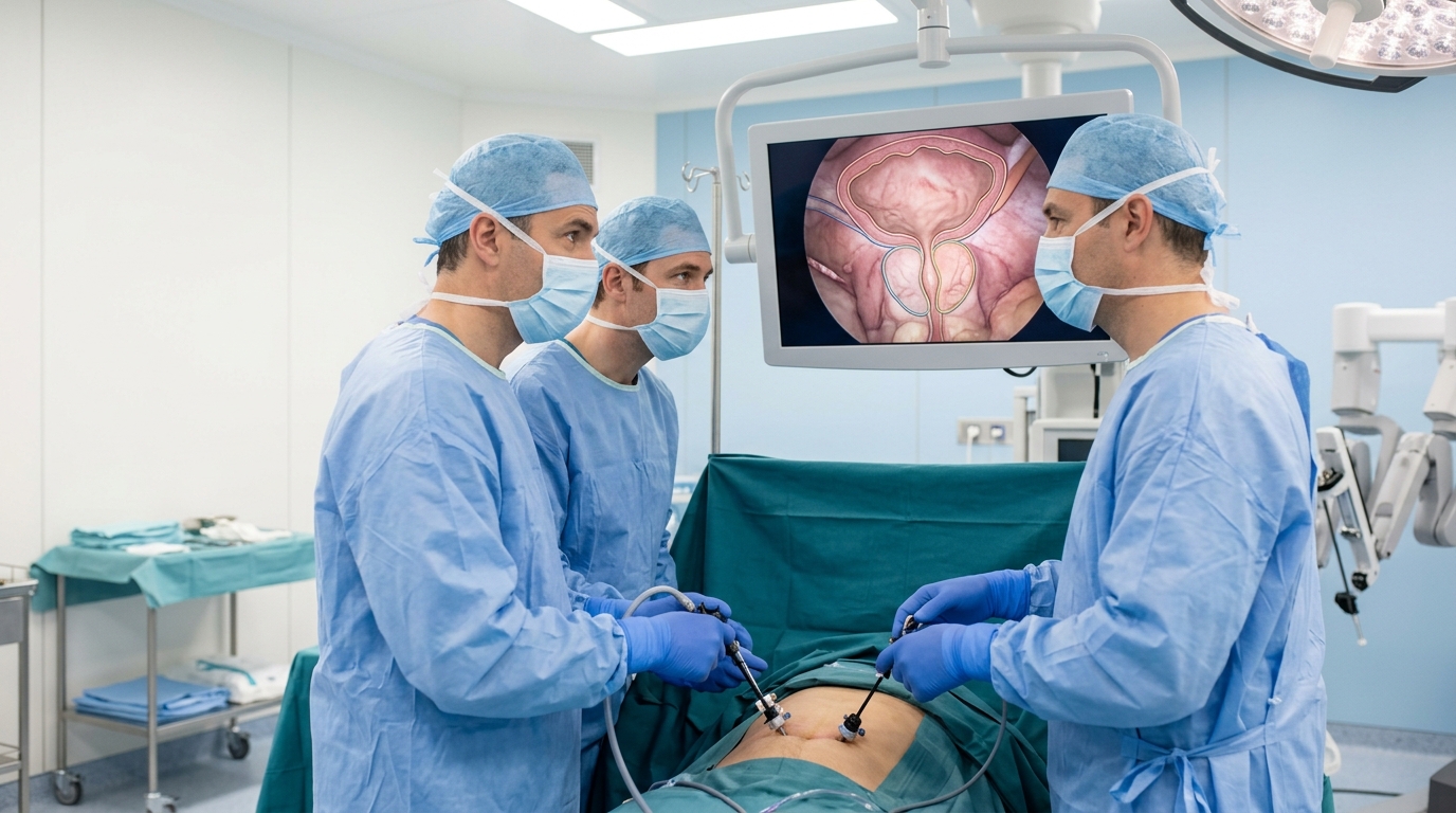 Surgeons performing minimally invasive urologic surgery while reviewing anatomical imaging in a modern operating room