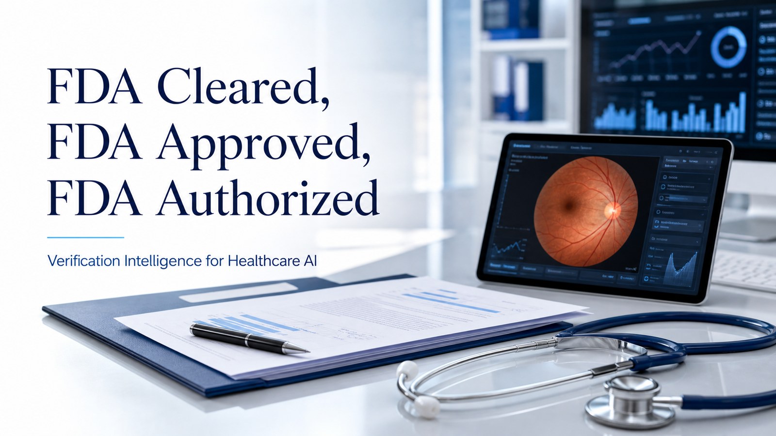 Title card reading FDA Cleared, FDA Approved, FDA Authorized with healthcare regulatory documents and clinical AI imagery.