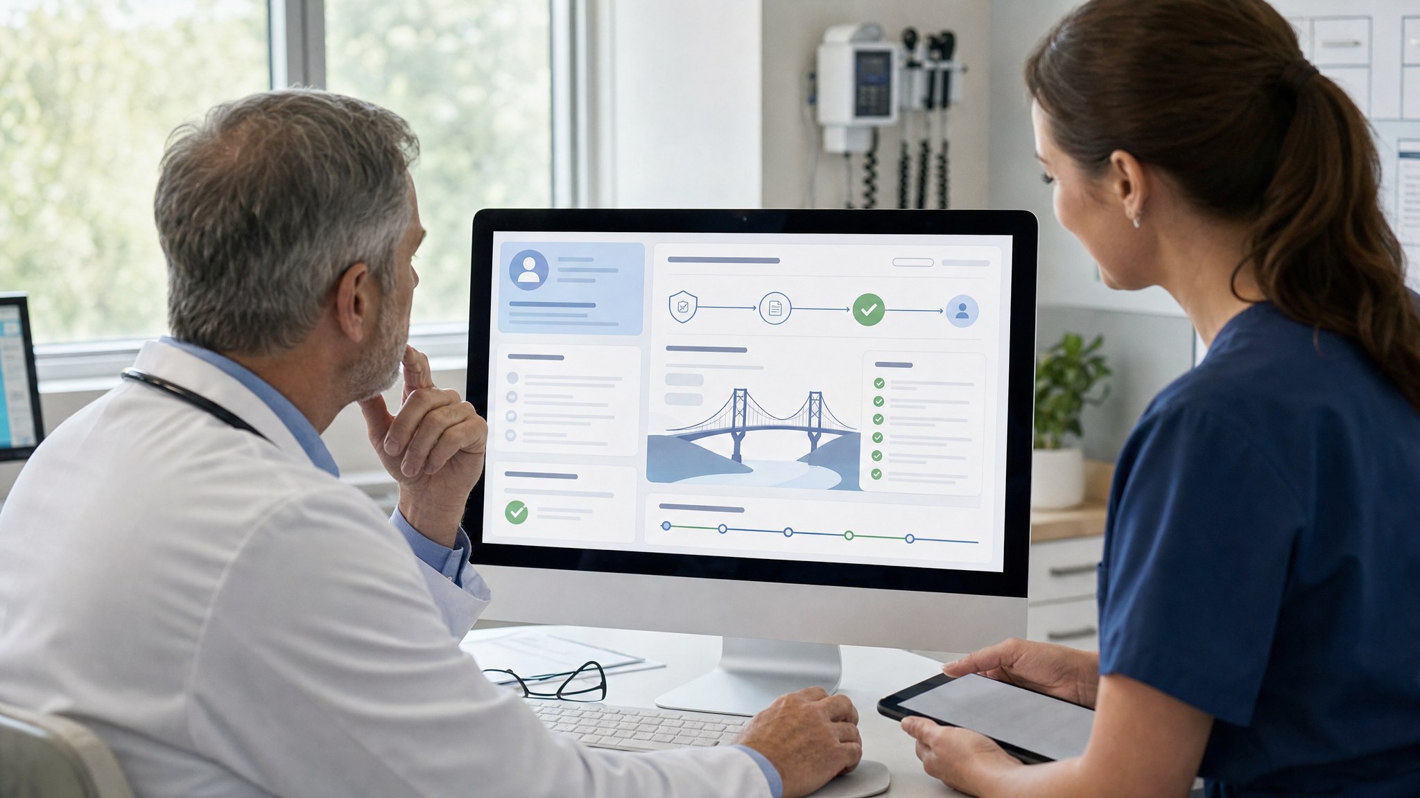 A clinician and care coordinator reviewing a digital prior authorization workflow in a modern clinic
