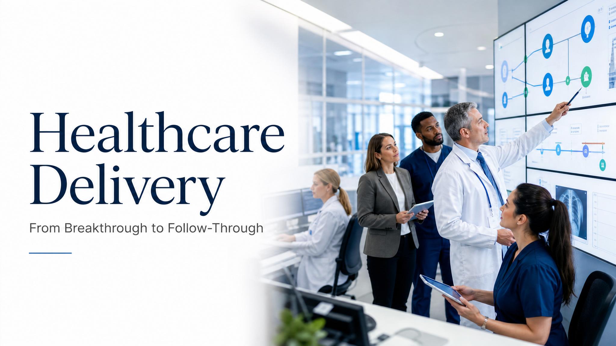 Healthcare Delivery title card showing clinicians reviewing patient care coordination dashboards