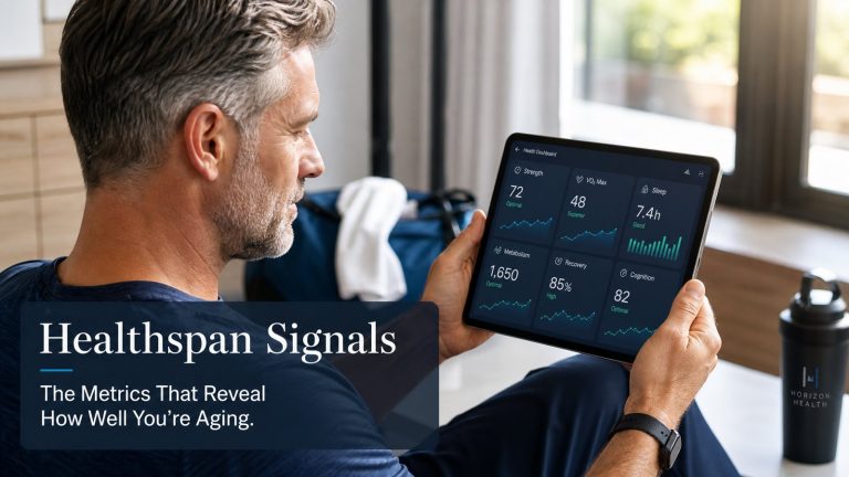 Healthy adult reviewing healthspan metrics on a clean digital dashboard