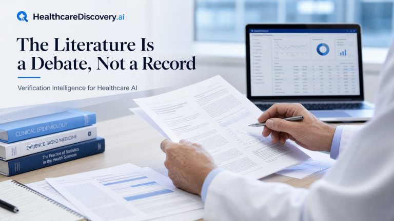 Title card reading The Literature Is a Debate, Not a Record with a clinician reviewing medical literature and a clinical analytics dashboard.