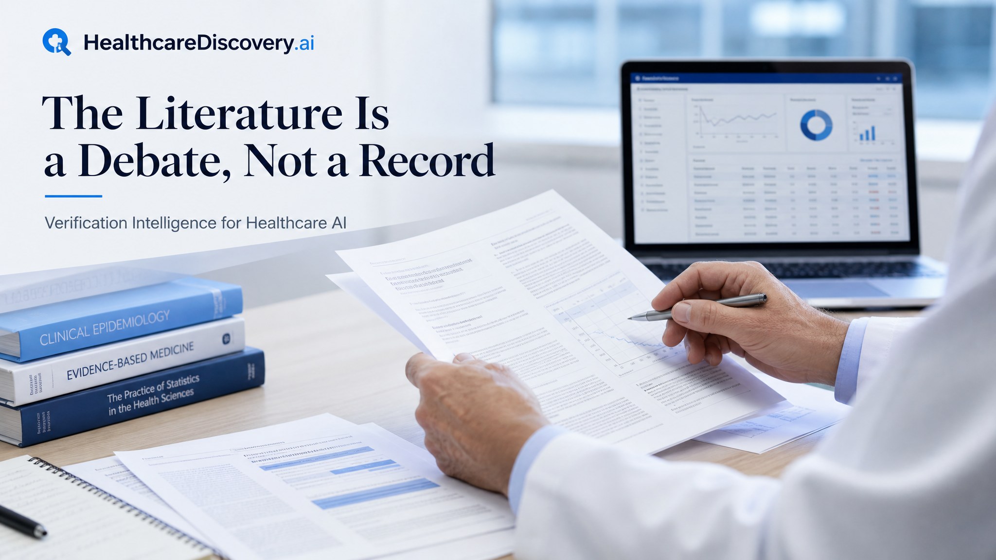 Title card reading The Literature Is a Debate, Not a Record with a clinician reviewing medical literature and a clinical analytics dashboard.