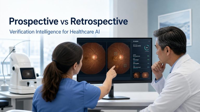 Photorealistic title card showing clinicians reviewing retinal images for a healthcare AI prospective versus retrospective validation article.