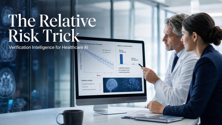 Photorealistic title card showing clinicians reviewing statistical trial data for an article about relative and absolute risk framing.