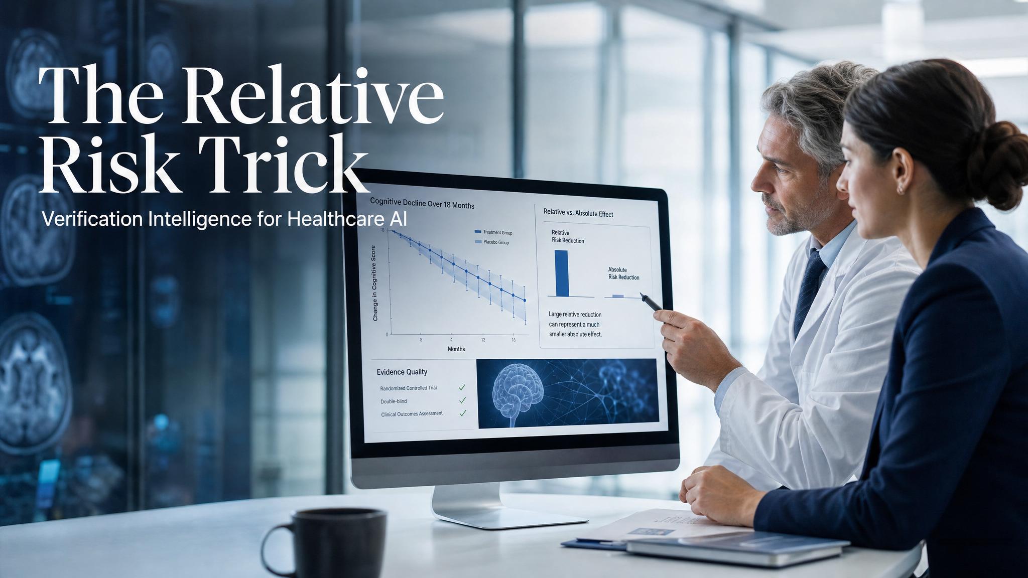 Photorealistic title card showing clinicians reviewing statistical trial data for an article about relative and absolute risk framing.