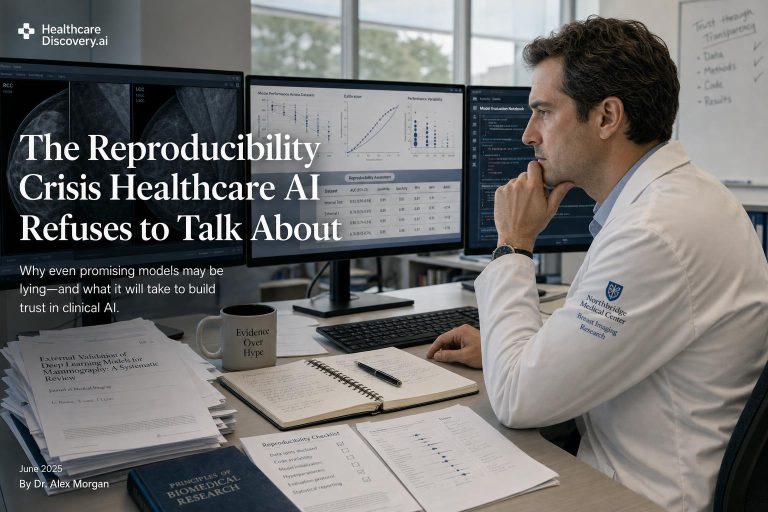 Photorealistic title card for The Reproducibility Crisis Healthcare AI Refuses to Talk About, showing a clinical AI research review scene.