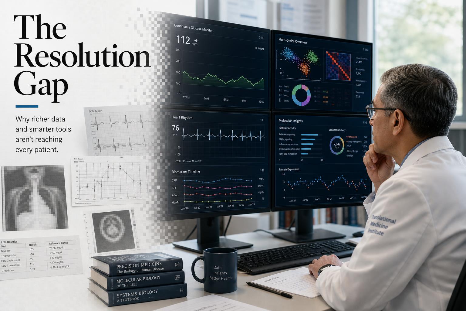 Photorealistic title card for The Resolution Gap showing a physician-researcher reviewing glucose, omics, and cardiovascular data across modern clinical displays.