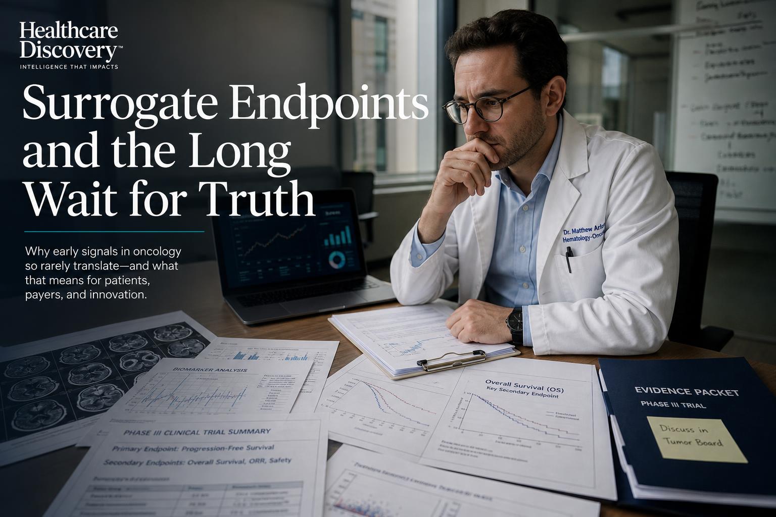 Photorealistic title card for Surrogate Endpoints and the Long Wait for Truth, showing clinical trial evidence, biomarker charts, and medical research review.