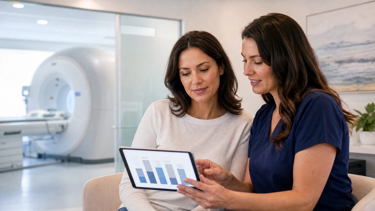 Patient reviewing MRI price transparency information with a care navigator near an MRI suite
