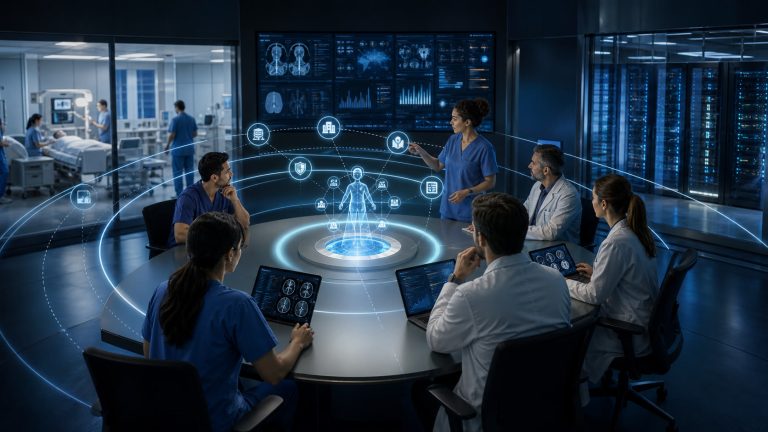 Healthcare clinicians and technology leaders reviewing an integrated AI workflow and secure data infrastructure