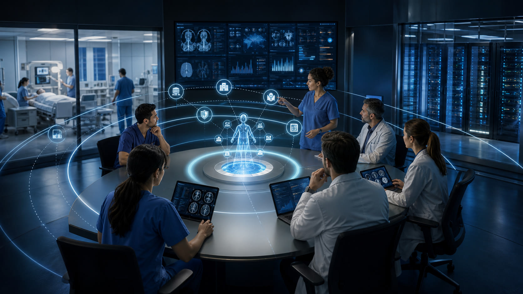 Healthcare clinicians and technology leaders reviewing an integrated AI workflow and secure data infrastructure