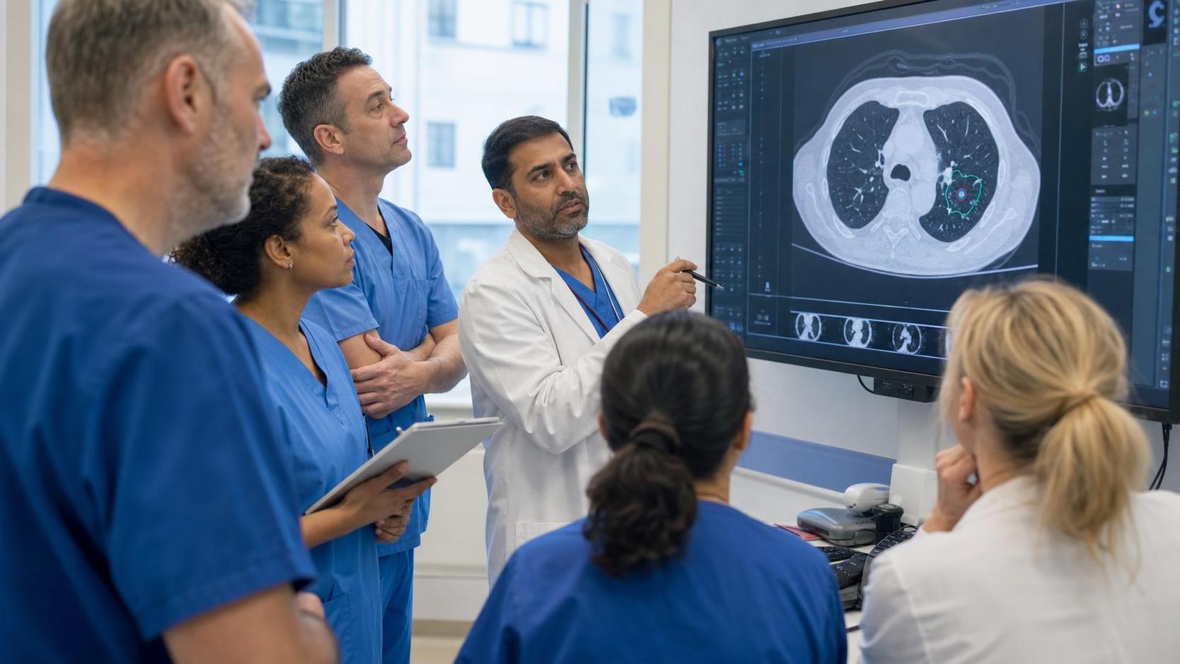 Clinical team reviews an AI-assisted lung CT scan during England's lung cancer rollout
