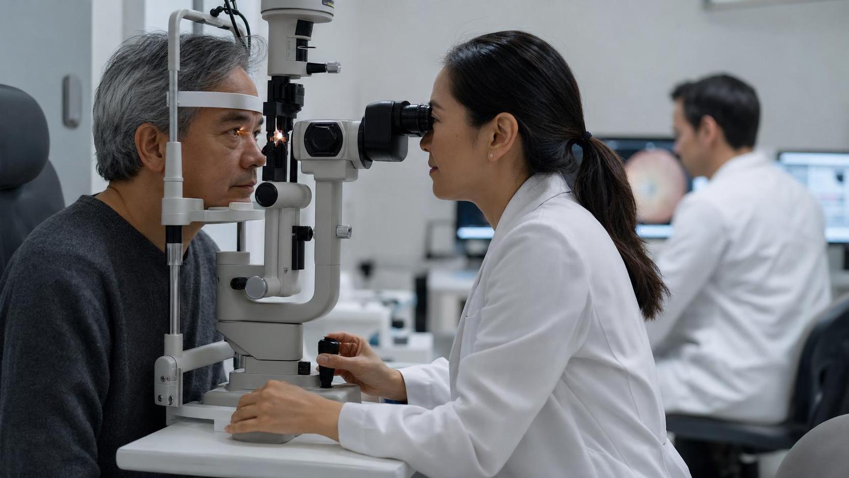 Ophthalmologist examining an older adult patient during an eye research visit
