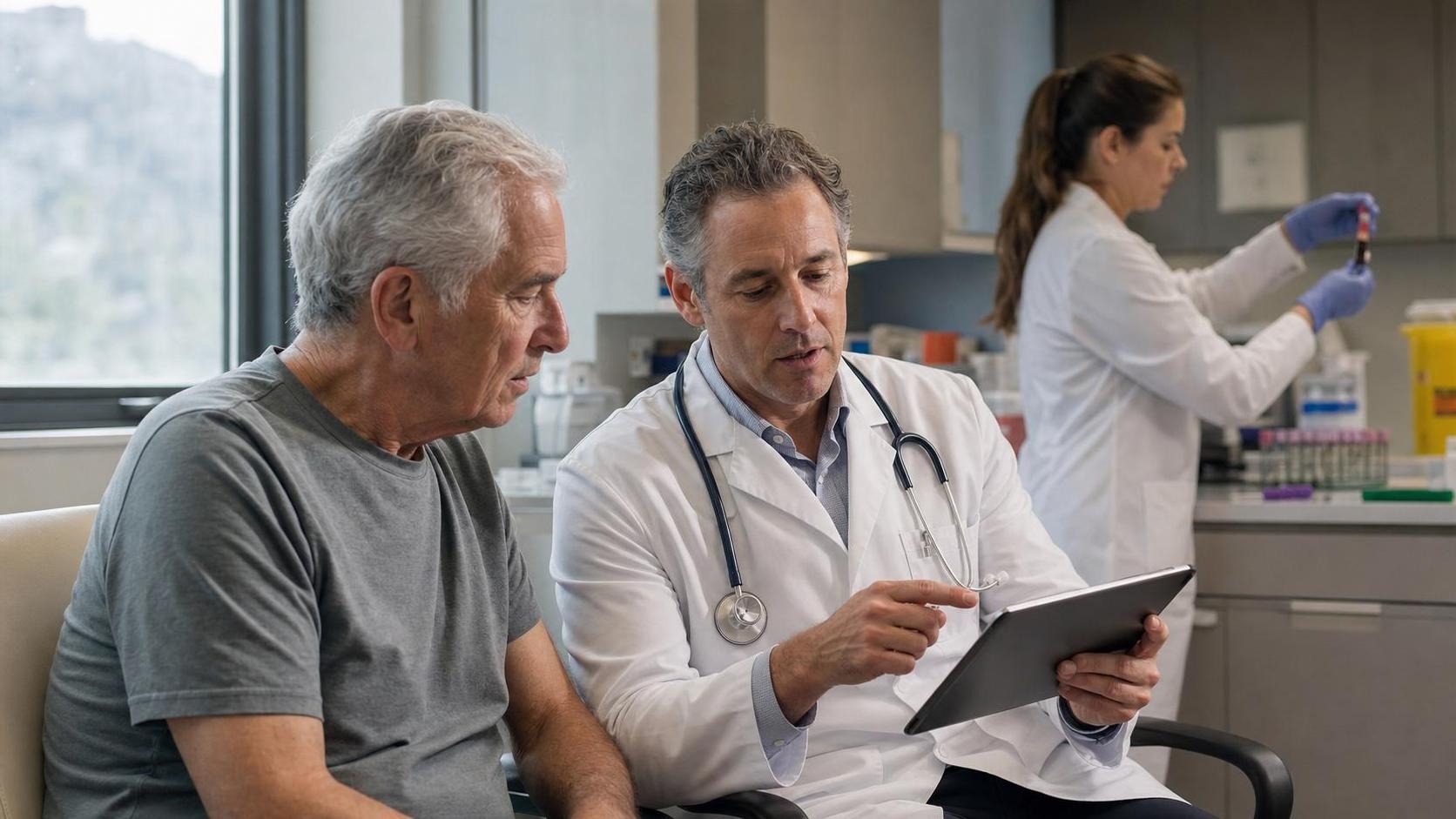 Clinician discussing heart health and laboratory findings with an older patient