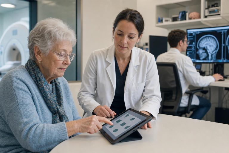 Older patient and clinician reviewing digital health information in a modern imaging clinic
