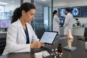 Healthcare researchers reviewing clinical imaging and health data in a modern medical research lab