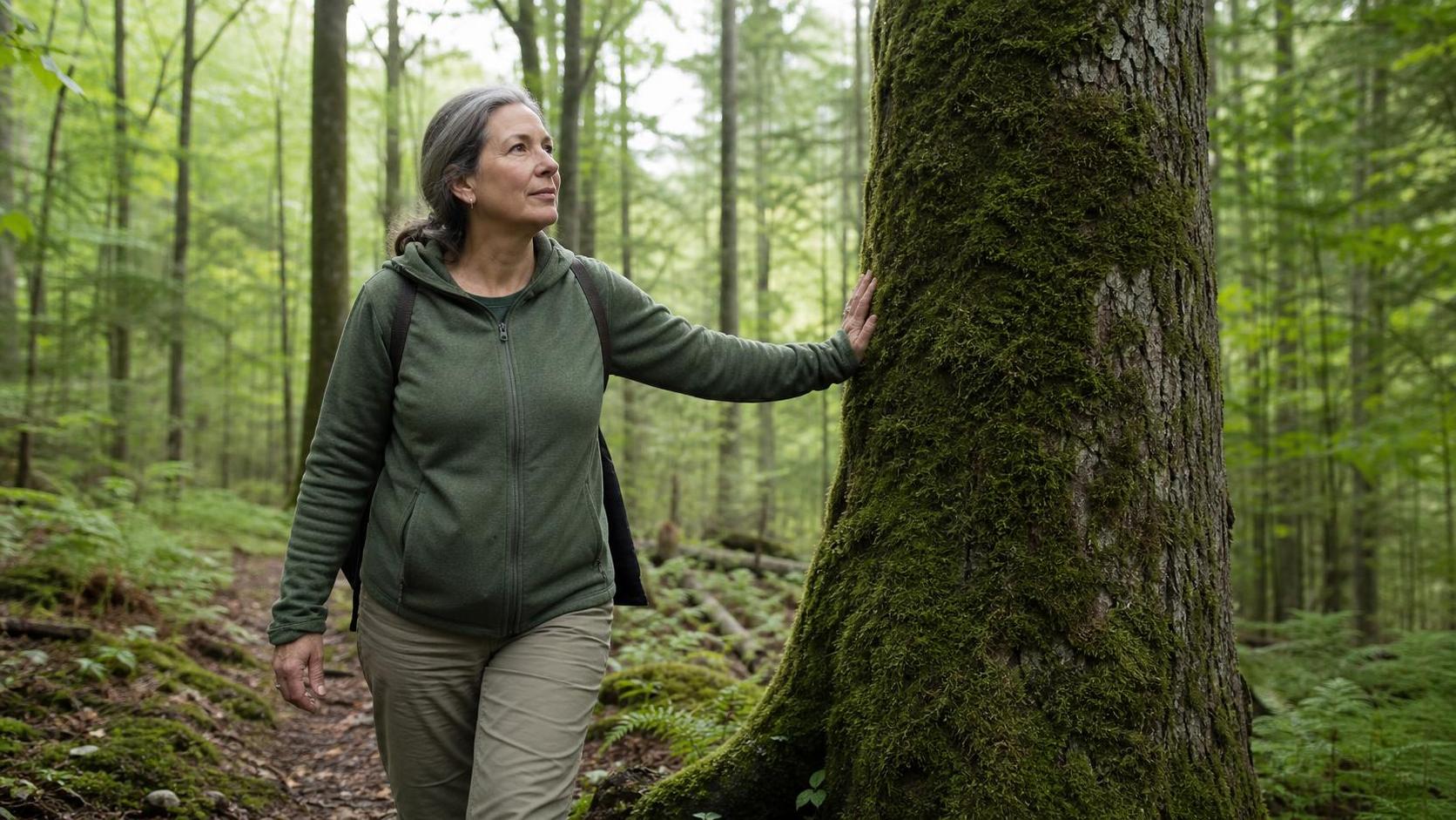 Adult practicing forest bathing on a quiet woodland trail