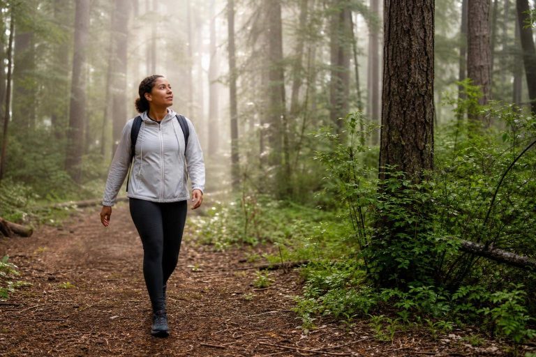 A person walking with healthy posture on a lush green forest trail in soft morning light